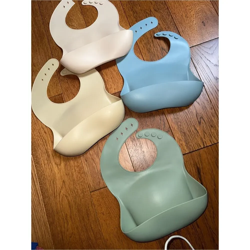 Silicone Baby Bib with Food Catcher Set of 4 - Blue, Sage, Cream, White